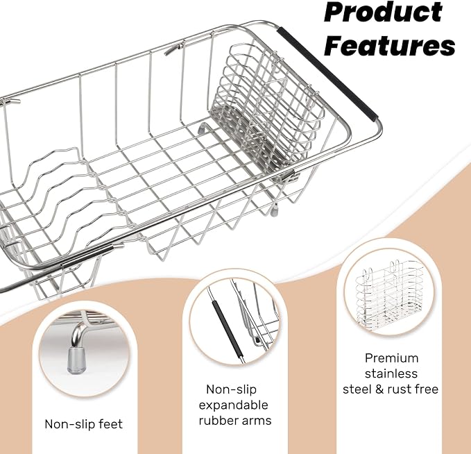 Sink Dish Drainer Rack, Expandable 304 Stainless Steel Dish Drying Rack - Image 5