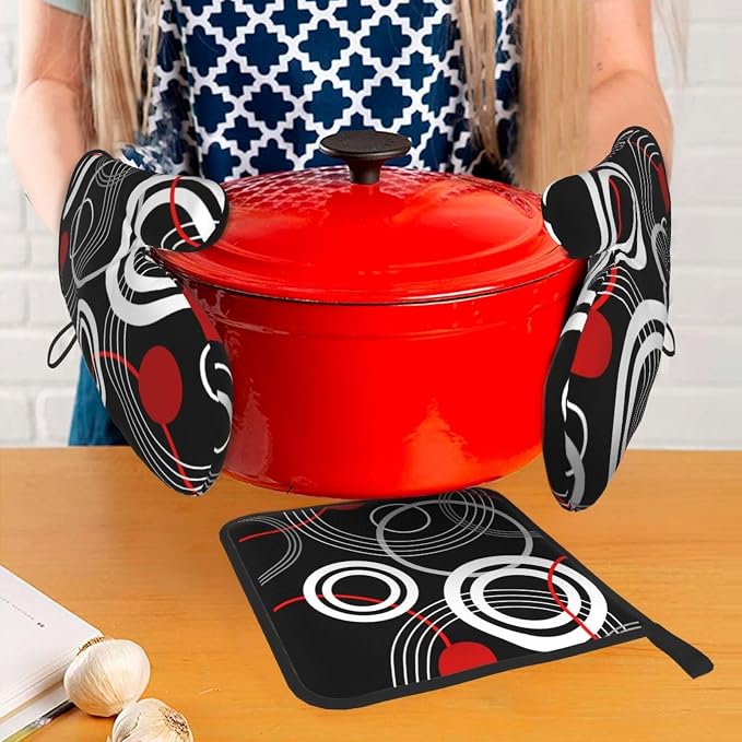 Modern Black Red Retro Oven Mitts and Pot Holders Sets of 3 Abstract Modern Hot - Image 7