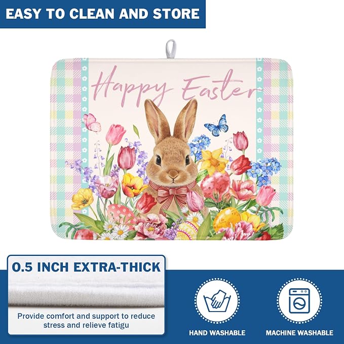 Easter Bunny Dish Drying Mat for Kitchen Counter Happy Easter Rabbit Floral - Image 5