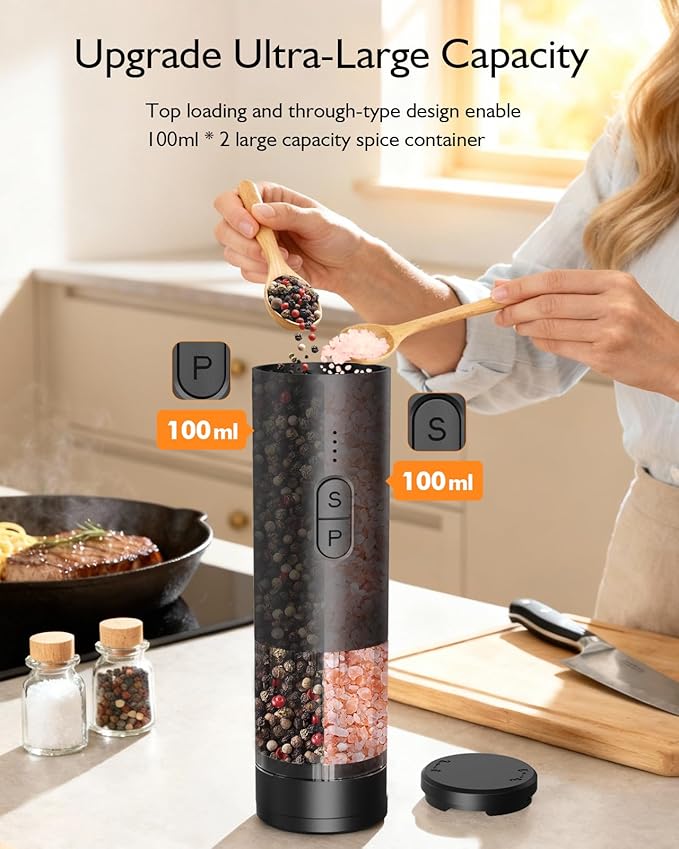 Electric Salt and Pepper Grinder Set, 2 in 1 Dual Bins USB Rechargeable - Image 6