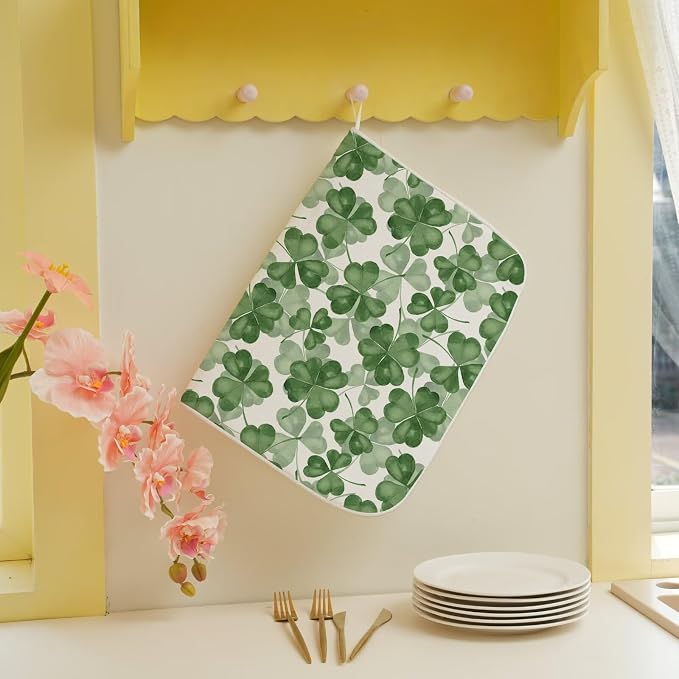 St Patricks Day Dish Drying Mat 18 x 24 inch Dark Green Clover Print Decorative - Image 5