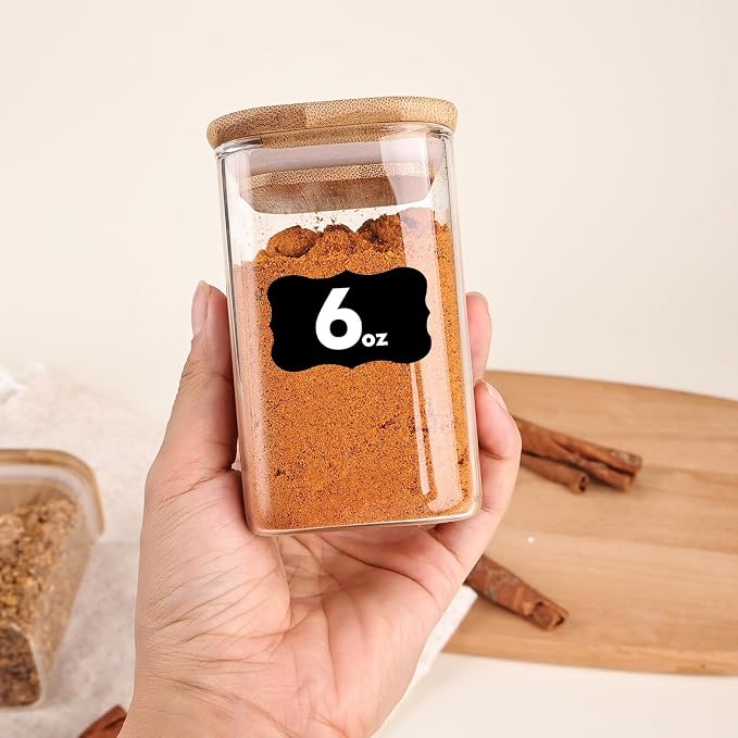 6oz Glass Spice Jars with Bamboo Lid and Label, 12 Pack Square Glass Container - Image 7