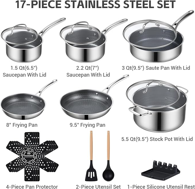Ammeloo 17 Pcs Nonstick Stainless Steel Cookware Set, Hybrid Stainless Steel - Image 3