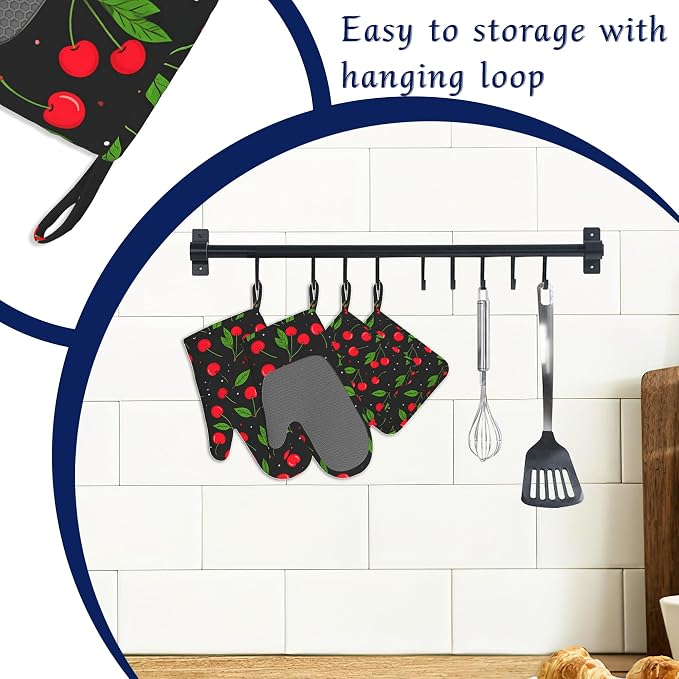 Oven Mitts and Pot Holders Sets Red Black Cherry Silicone Kitchen Mits - Image 3