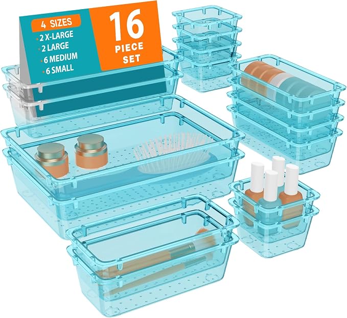 WOWBOX 16 PCS Plastic Drawer Organizer Set, 4 Sizes Desk Drawer Organization by WOWBOX