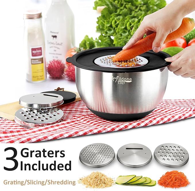 Wildone Mixing Bowls with Airtight Lids, with 3 Grater Attachments, Scale Mark - Image 2