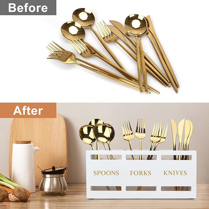 Ayiaren Wood Flatware Silverware Caddy White Cutlery Holder Kitchen Utensils - Image 6
