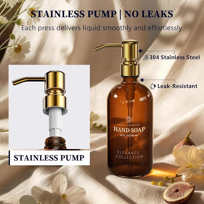 Amber Glass Soap Dispenser Set of 2, 16oz Hand and Dish Soap Dispenser - Image 2