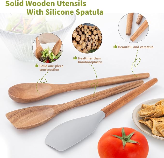Wooden Spoons for Cooking, Acacia Wood Spoon Wooden Utensils Set, Non-Stick - Image 2