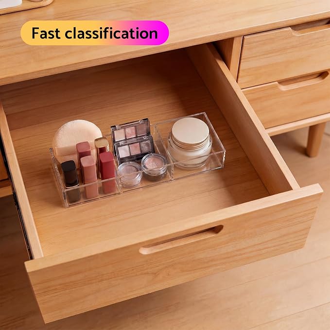 HIIMIEI 3 Section Clear Acrylic Drawer Organizer Tray, Office & Makeup Drawer - Image 4