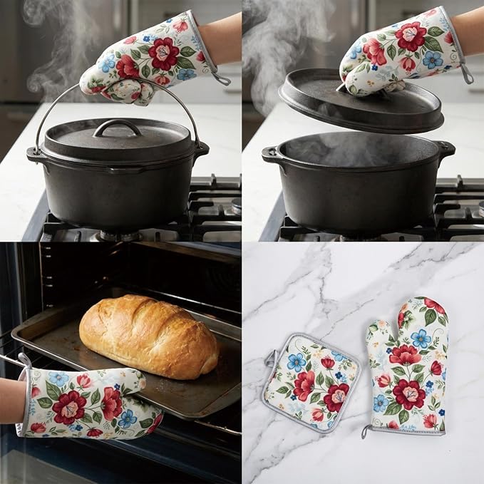 Floral Oven Mitts and Pot Holders Sets 2 Pcs, Canvas Heat Resistant Kitchen - Image 7