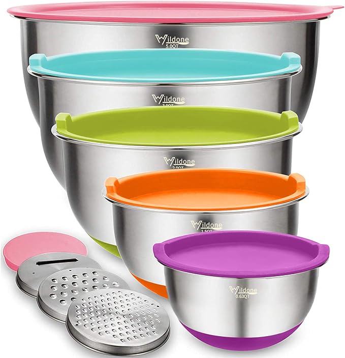 Wildone Mixing Bowls with Airtight Lids Set, with Grater Attachments & Non-Slip by Wildone