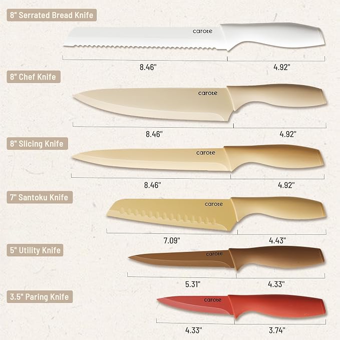 CAROTE Knife Set, 12 Pieces Kitchen Knife Set, 6 Stainless Steel Knives - Image 3
