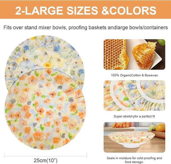 Reusable Bowl Covers for Bread Proofing（2 Large）- Cotton Beeswax Bowl Covers - Image 2