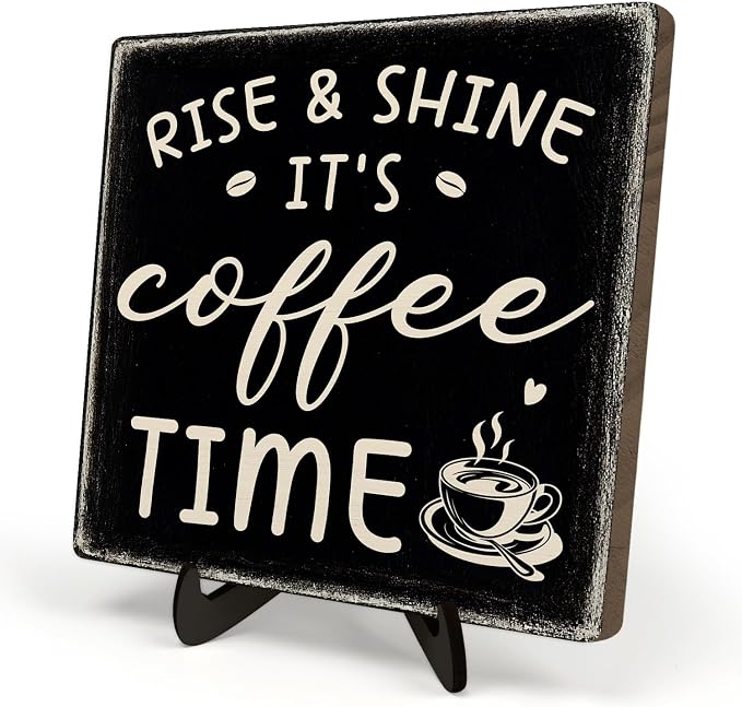 Farmhouse Coffee Bar Sign, Rise & Shine It's Coffee Time Desk Wooden Sign by DMADNF