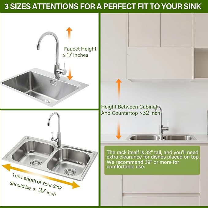 Over The Sink Dish Drainer Drying Rack 3 Tier, Full Stainless Steel Dish Drying - Image 9