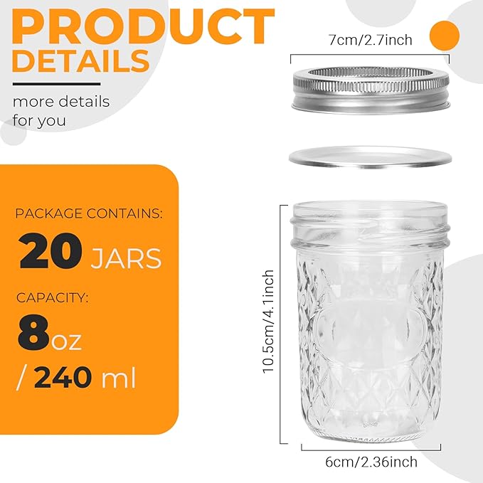 Eathtek 8 oz Mason Jars 20 Pack, 240ml Mini Canning Jars - Image 3