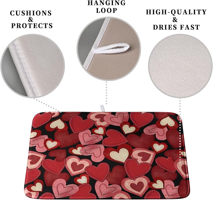 Valentine Dish Drying Mat for Kitchen Counter Red Black Love Heart Drying Pad - Image 3