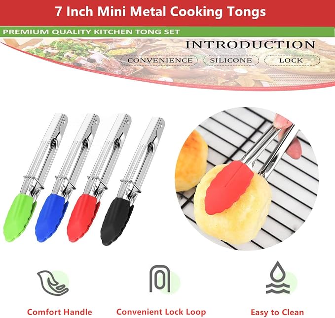 Mini Kitchen Tongs with Silicone Tips, 3-Piece Set, 7-Inch Non-Stick Small - Image 3