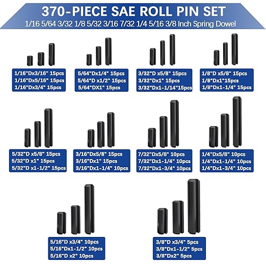 370 Pcs Roll pin Assortment, SAE Roll Pin Set, Slotted Spring Pins, Steel Split - Image 2