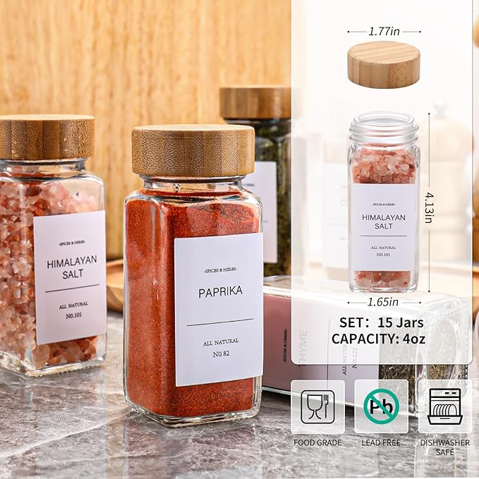 DIMBRAH Spice Jars with Label-4oz 36Pcs, Glass Spice Jars with Bamboo Lids - Image 2