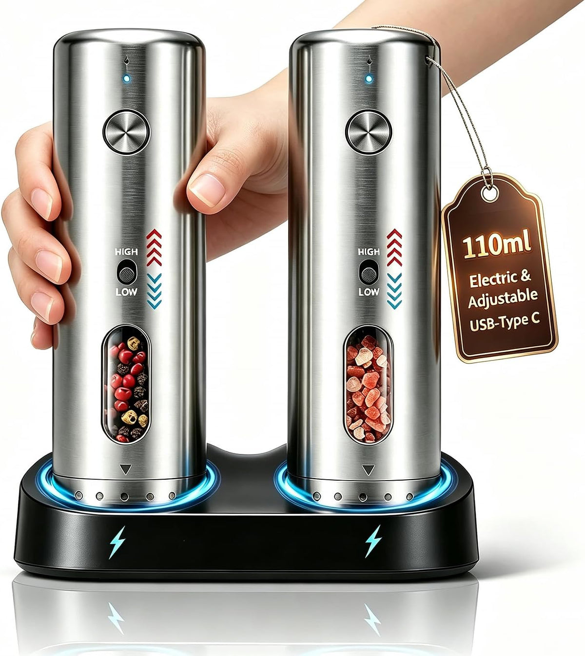High & Low Variable Speeds Electric Salt and Pepper Grinder Set