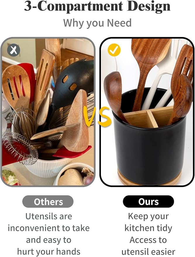 LoeJan 3 Compartment Utensil Holder, Extra Large Utensil Crock, Stable Ceramic - Image 5