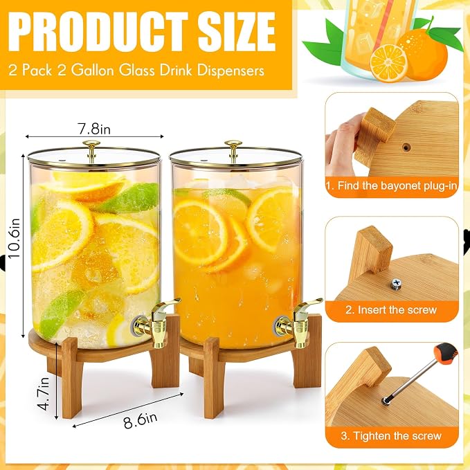 Honeydak 2 Pack 2 Gallon Each Amber Glass Drink Dispensers - Image 2