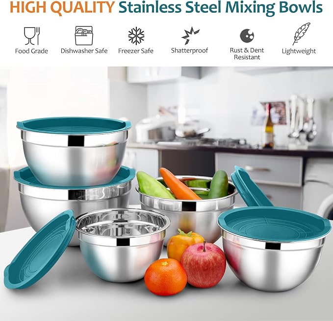 E-far Mixing Bowls with Teal Blue Lids Set of 5, Stainless Steel Mixing Bowls - Image 2