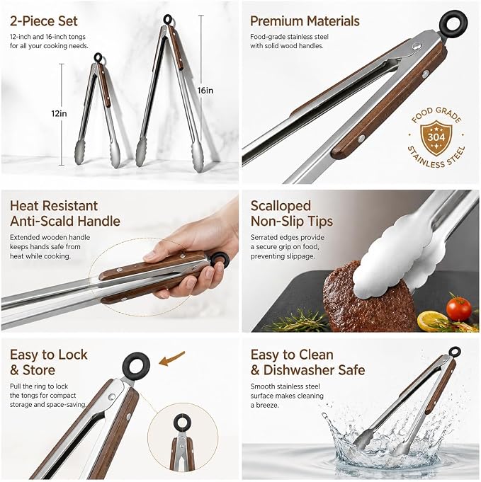 12 & 16 Inch Food Tongs Set, Food Grade Stainless Steel Kitchen Tongs - Image 3