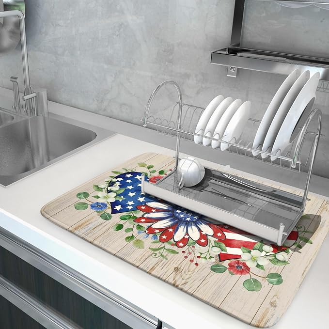 Independence Day Dish Drying Mat 18x24 inch Patriotic Love Heart Fast Dry - Image 5