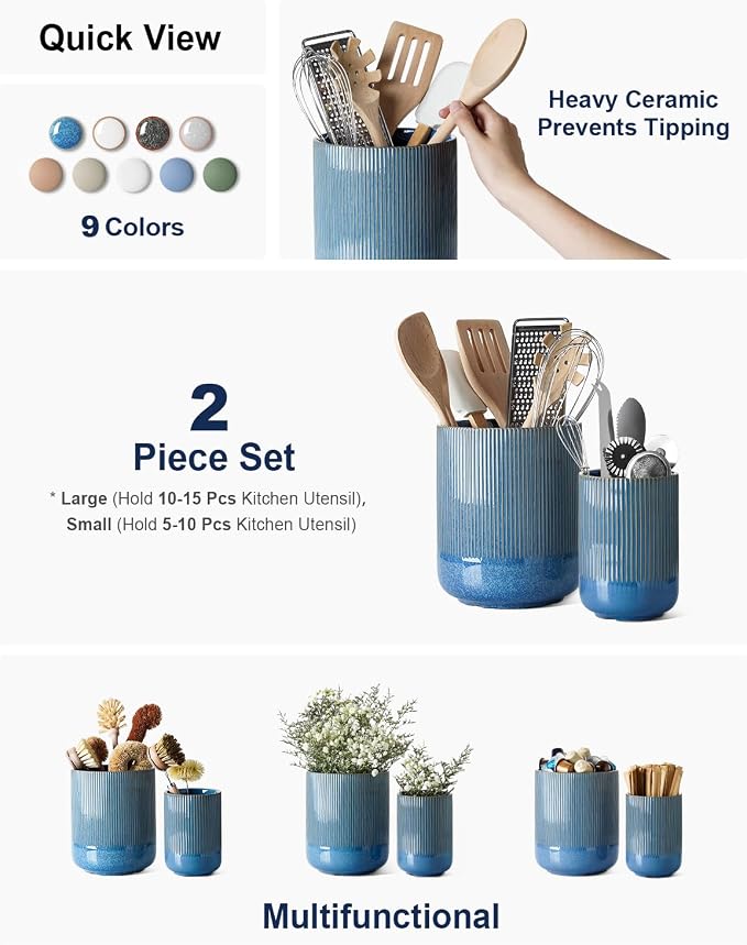 LE TAUCI Utensil Holder for Kitchen Counter, 7.3"+5.4" Fluted Ceramic Utensil - Image 2