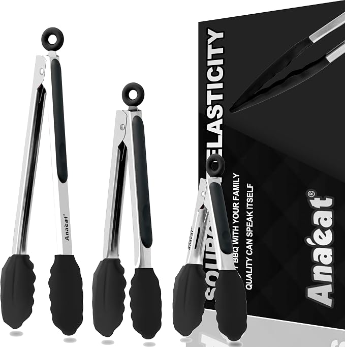 Anaeat Non-Stick Silicone Locking Tong Set of 3 by Anaeat