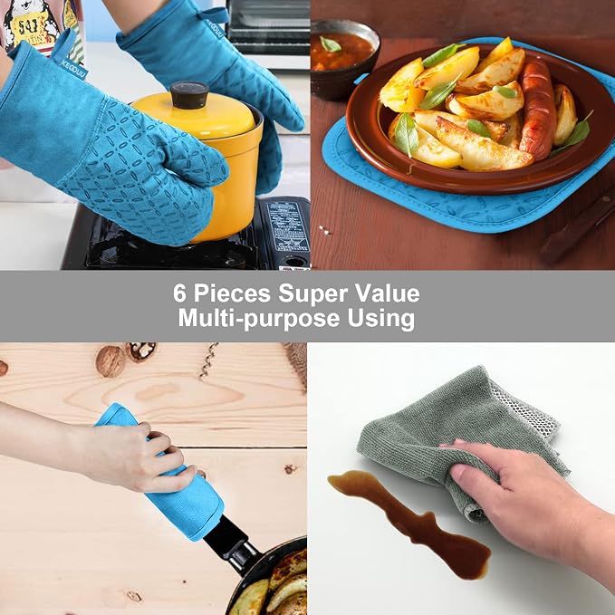 KEGOUU Oven Mitts and Pot Holders 6pcs Set, Kitchen Oven Glove High Heat - Image 7