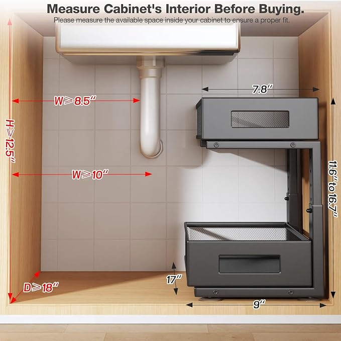 2 Packs 17IN Depth Under Sink Organizer, 2-Tier Pull Out Cabinet Organizer - Image 2