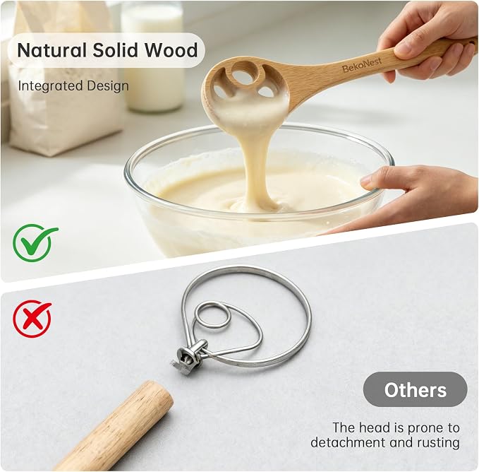 Danish Dough Whisk, 2 Pack Wooden Sourdough Bread Whisk, Seamless One-Piece - Image 4