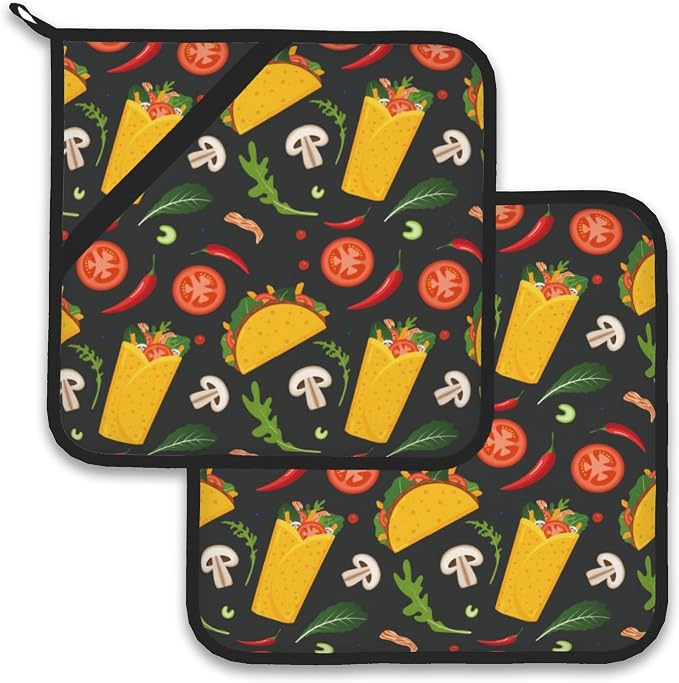Cartoon Burrito Taco Hot Pepper Pot Holder Set of 2, Heat Resistant Potholders by Larkverk
