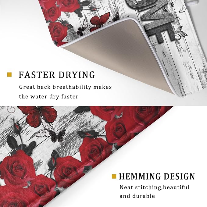 Red Rose Dish Drying Mat 18x24 inch Romantic Floral Absorbent Microfiber Sink - Image 3
