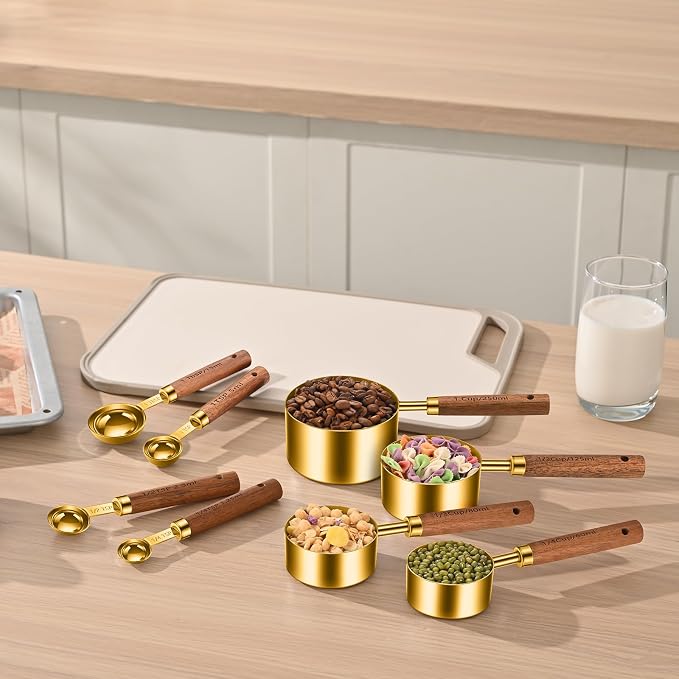Stainless Steel Measuring Cups and Spoons Set of 8, Stackable Wooden Handle - Image 7