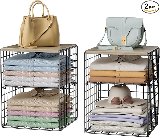 4-Tier Stackable Closet Organizers and Storage, Adjustable Dividers & Wood Top by Hencawima