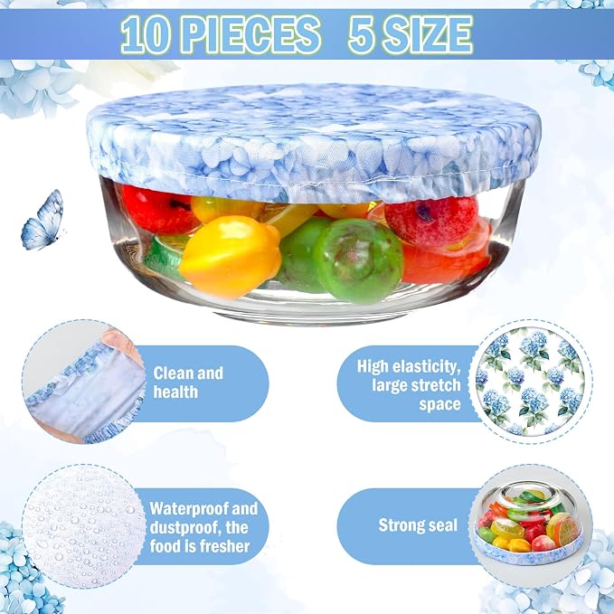 Patelai 10 Pcs Bowl Covers Reusable in 5 Size Stretch Cloth Fabric Elastic Food - Image 5