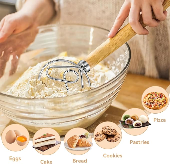 Danish Dough Whisk Dutch Bread Mixer Stainless Steel Hook Wooden Handle Baking - Image 4