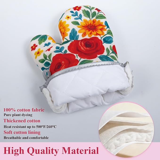 Floral Oven Mitts and Pot Holders Sets 2 Pcs, Canvas Heat Resistant Kitchen - Image 2