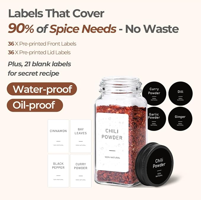 ComSaf Glass Spice Jars with Label, 93 Labels, a Metal Funnel, Extra Shaker Lids - Image 2