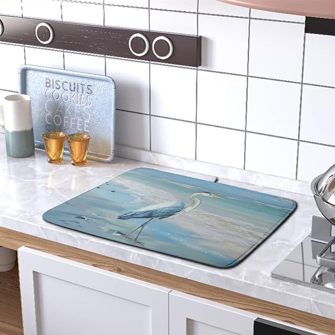Summer Blue Dish Drying Mat for Kitchen Counter 16x18 Inch Heron Coastal Beach - Image 5