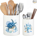 Bokon 2 Pack Ceramic Utensil Holder 6.3" + 5.1" Ocean Theme Coastal Kitchen by Bokon