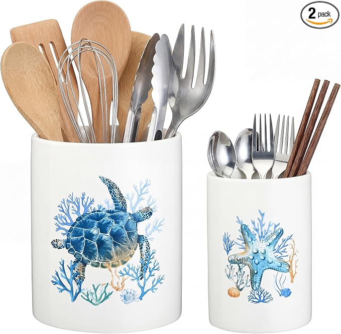 Bokon 2 Pack Ceramic Utensil Holder 6.3" + 5.1" Ocean Theme Coastal Kitchen by Bokon