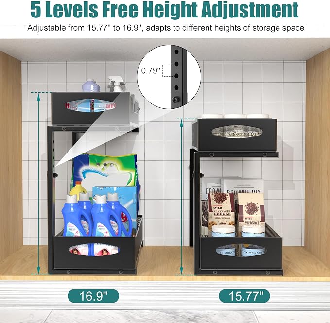 Housolution 2 Pack Under Sink Organizer, 2 Tier Metal Pull Out Under Sink - Image 2