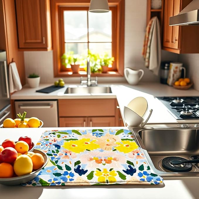 Blue and Yellow Floral Large Dish Drying Mats, Reversible Dish Drying Pads - Image 3