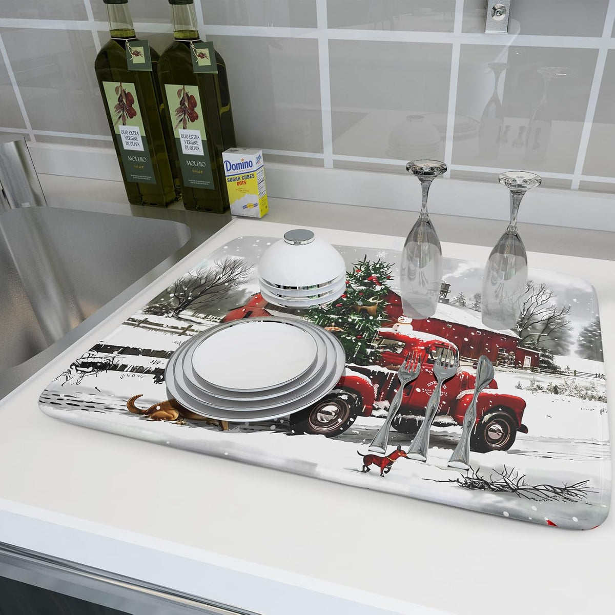 Red Truck Christmas Dish Drying Mat for Kitchen Counter 18x24 Inch
